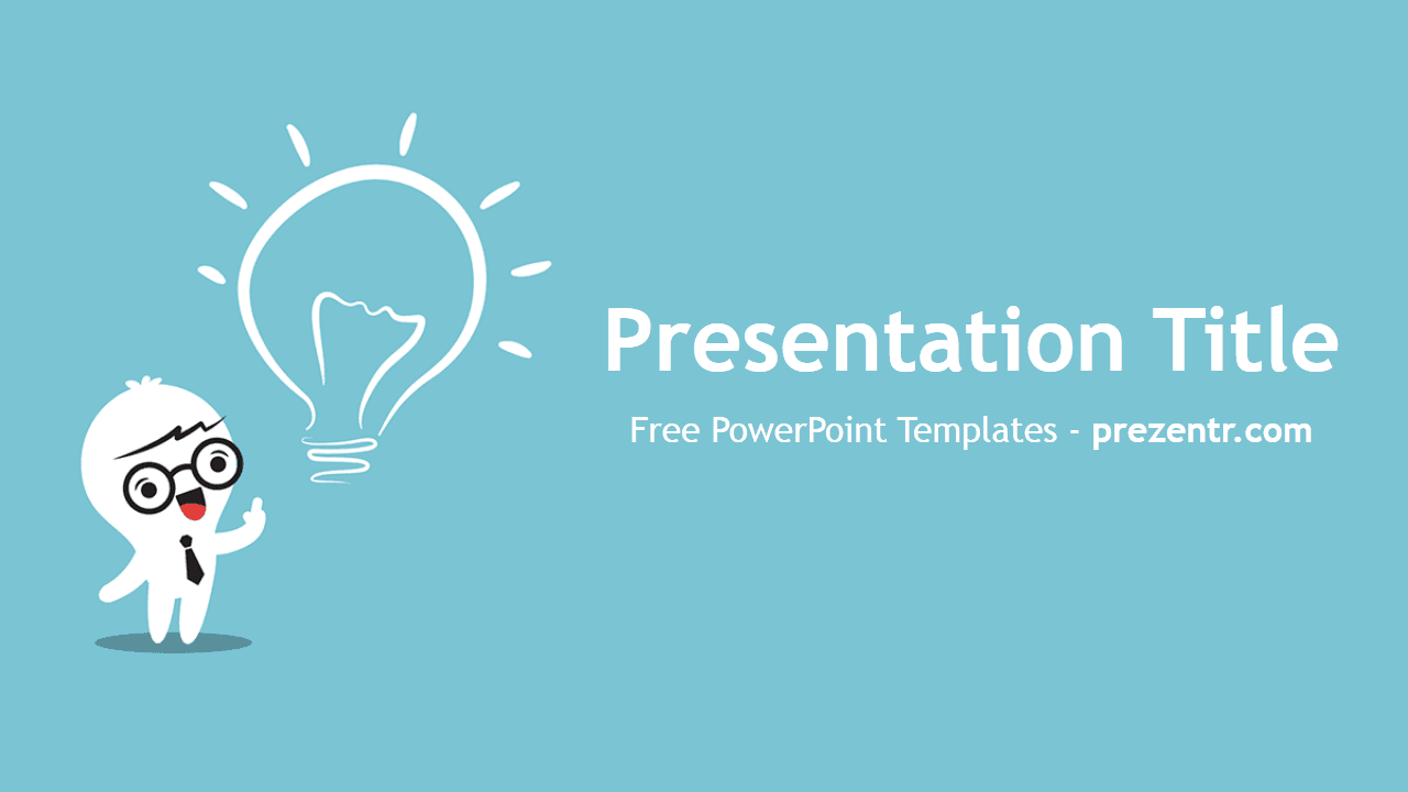 Tech Startups template cover slide: cartoon character with lightbulb idea icon on turquoise background