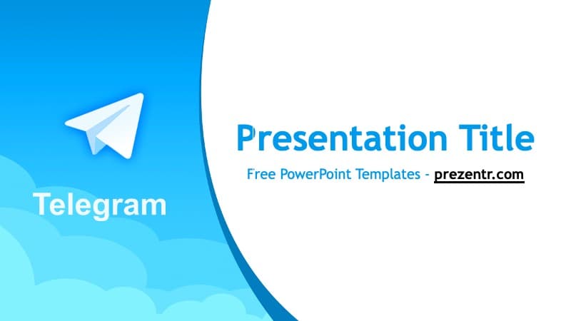 Telegram PowerPoint template cover slide with blue gradient background, paper plane icon, and curved white design element