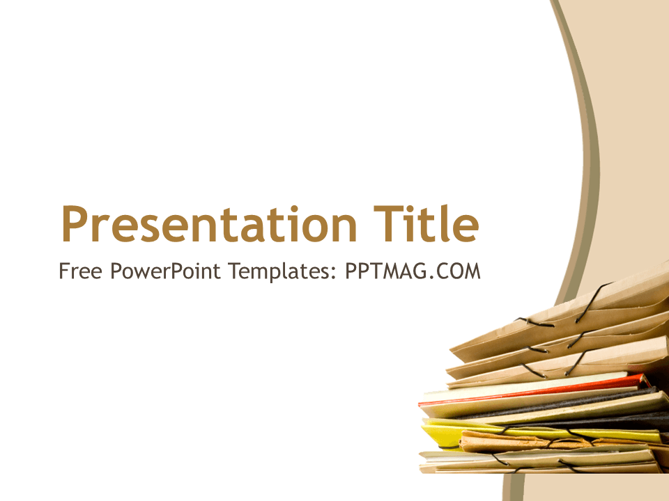 Tender PowerPoint Template cover slide with stacked papers and beige, brown tones