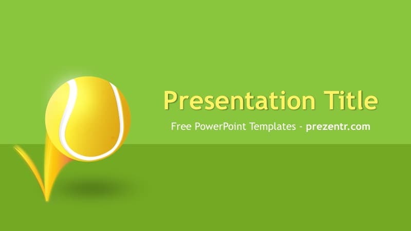 Tennis PowerPoint Template cover slide with yellow ball and racket on bright green background, featuring title placeholder
