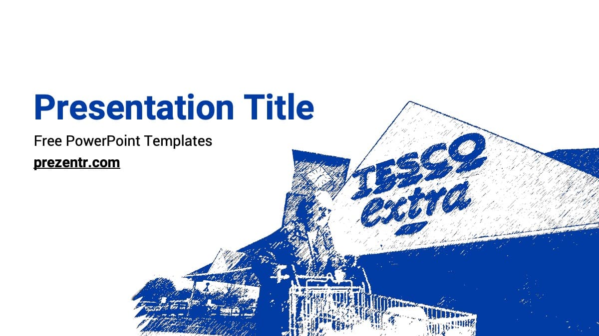 Tesco PowerPoint Template cover slide with blue and white sketch of store building, bold blue title text
