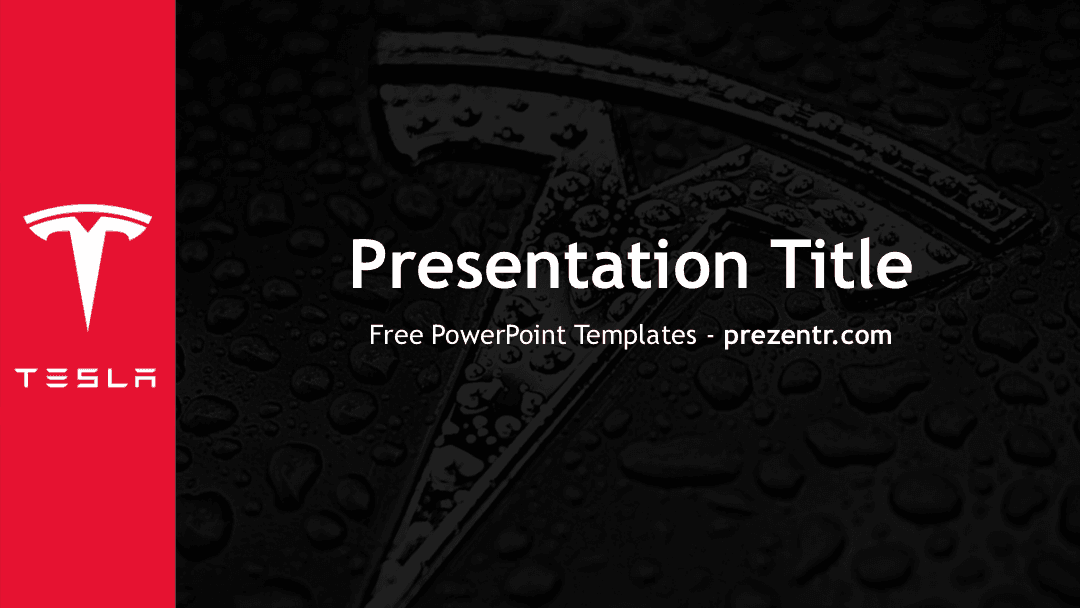 Tesla Motors PowerPoint template cover slide with red sidebar, Tesla logo, and circuit board background imagery