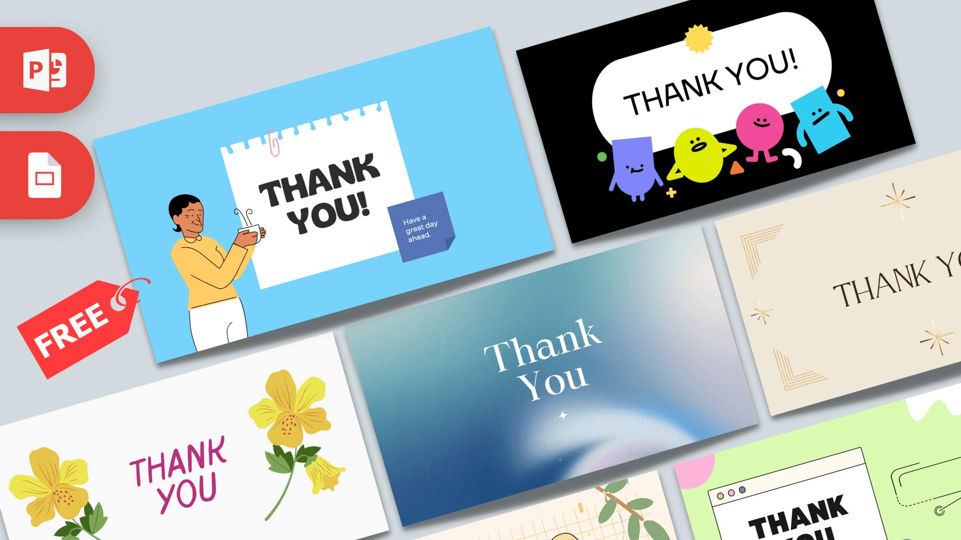 Thank You Slides template featuring colorful designs with blue, black, and floral elements
