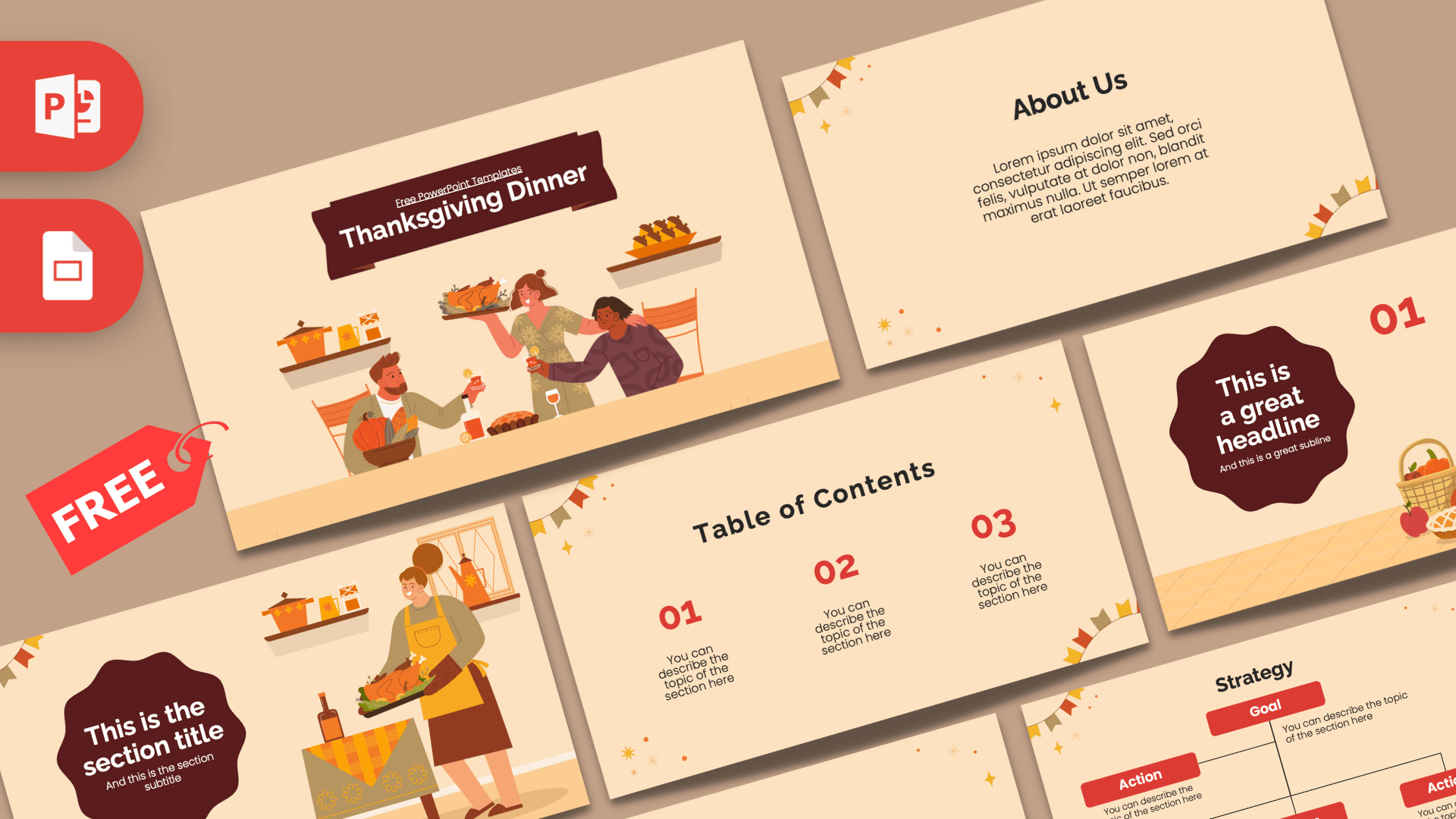 Thanksgiving Dinner PowerPoint template cover slide featuring illustrated family dining scene with warm autumn colors and