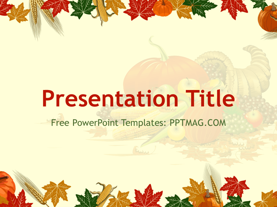 Thanksgiving PowerPoint Template cover slide with autumn leaves and harvest cornucopia on cream background