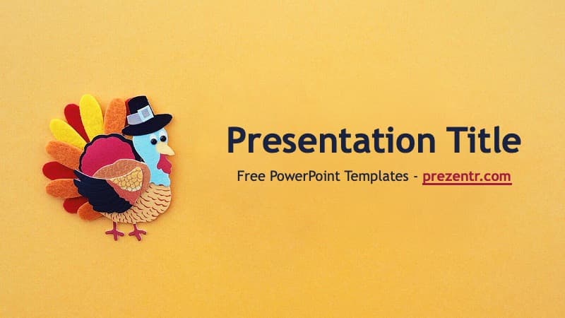 Thanksgiving Turkey PowerPoint Template cover slide with colorful paper-cut turkey illustration on yellow background
