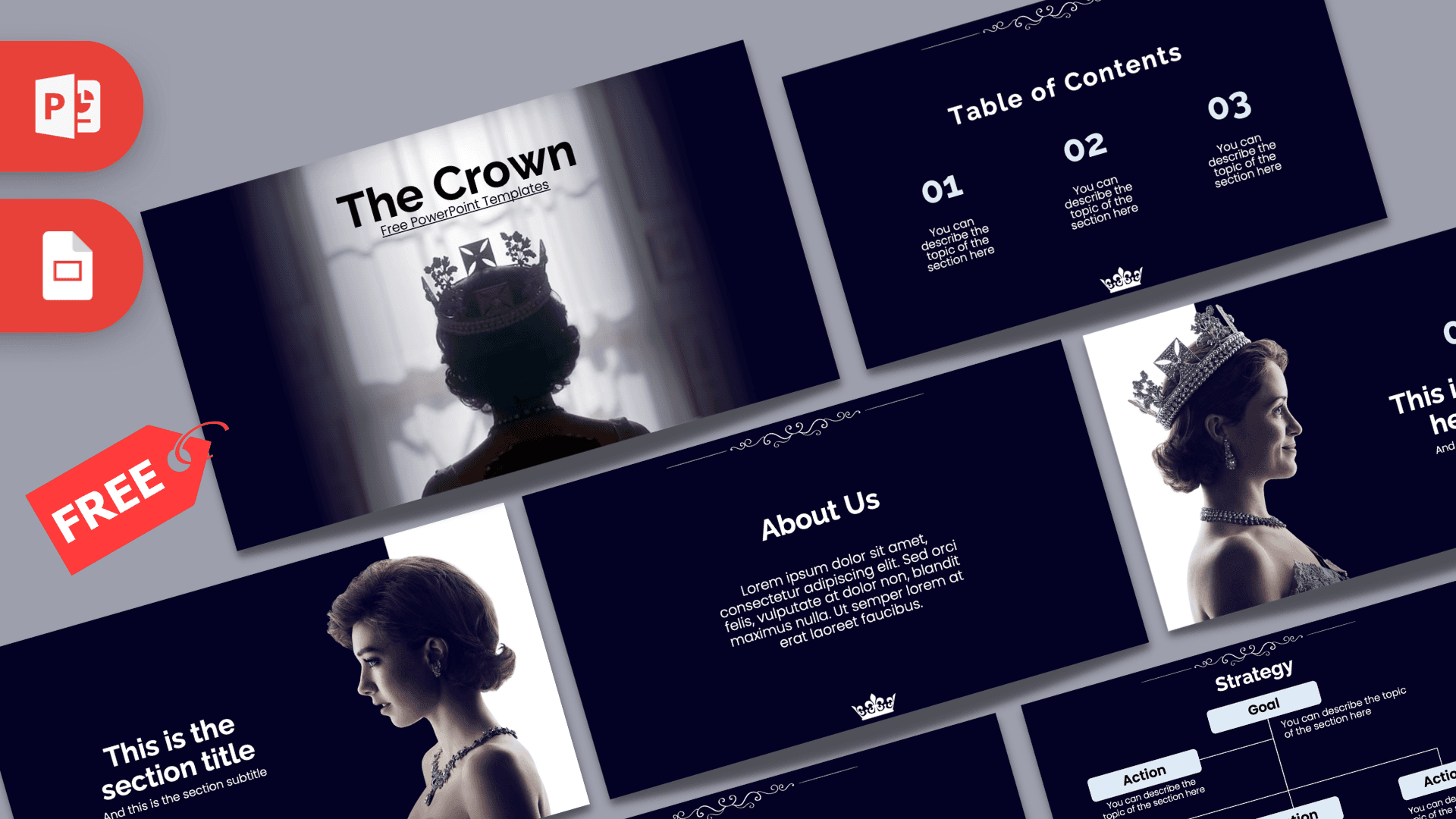 The Crown PowerPoint template cover slide featuring a crowned figure in profile against dark navy and white gradient