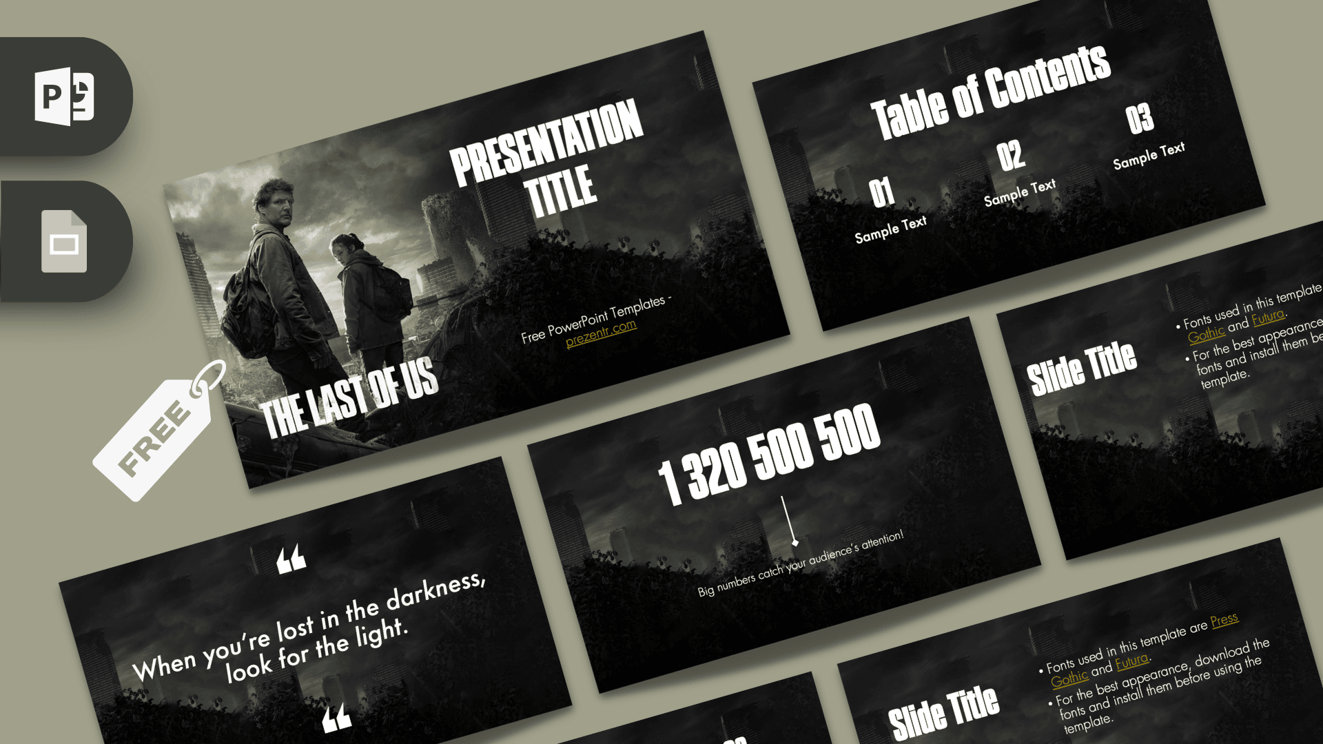 The Last of Us PowerPoint template cover slide featuring two figures in a post-apocalyptic cityscape with dark tones
