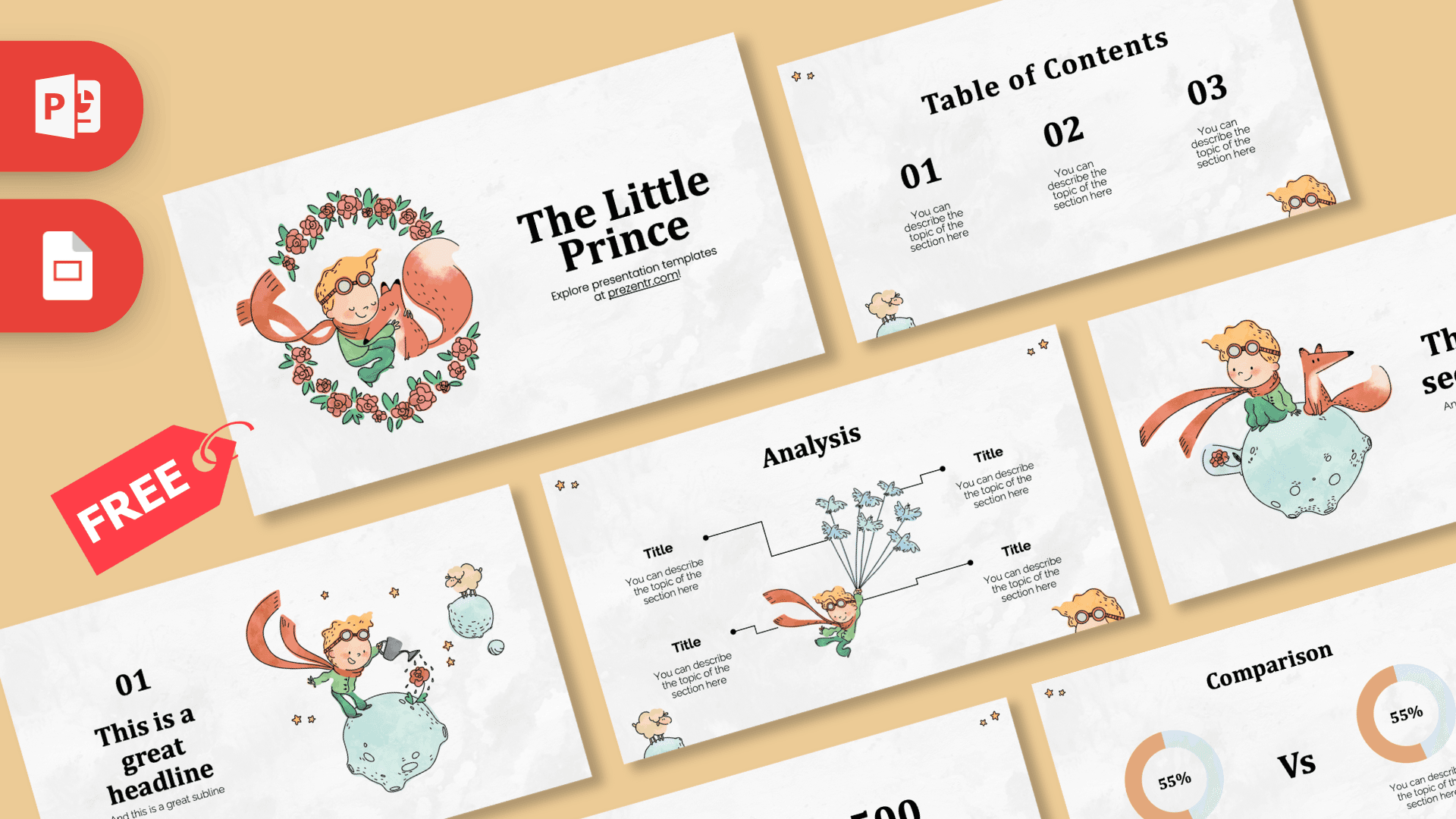The Little Prince PowerPoint template cover with whimsical illustrated prince character surrounded by roses