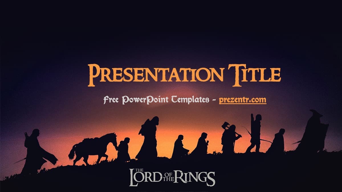The Lord of the Rings PowerPoint template cover slide featuring silhouetted characters against an orange sunset