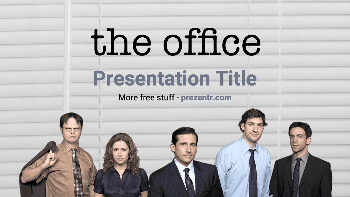 The Office" PowerPoint template cover slide with five office workers against white brick background