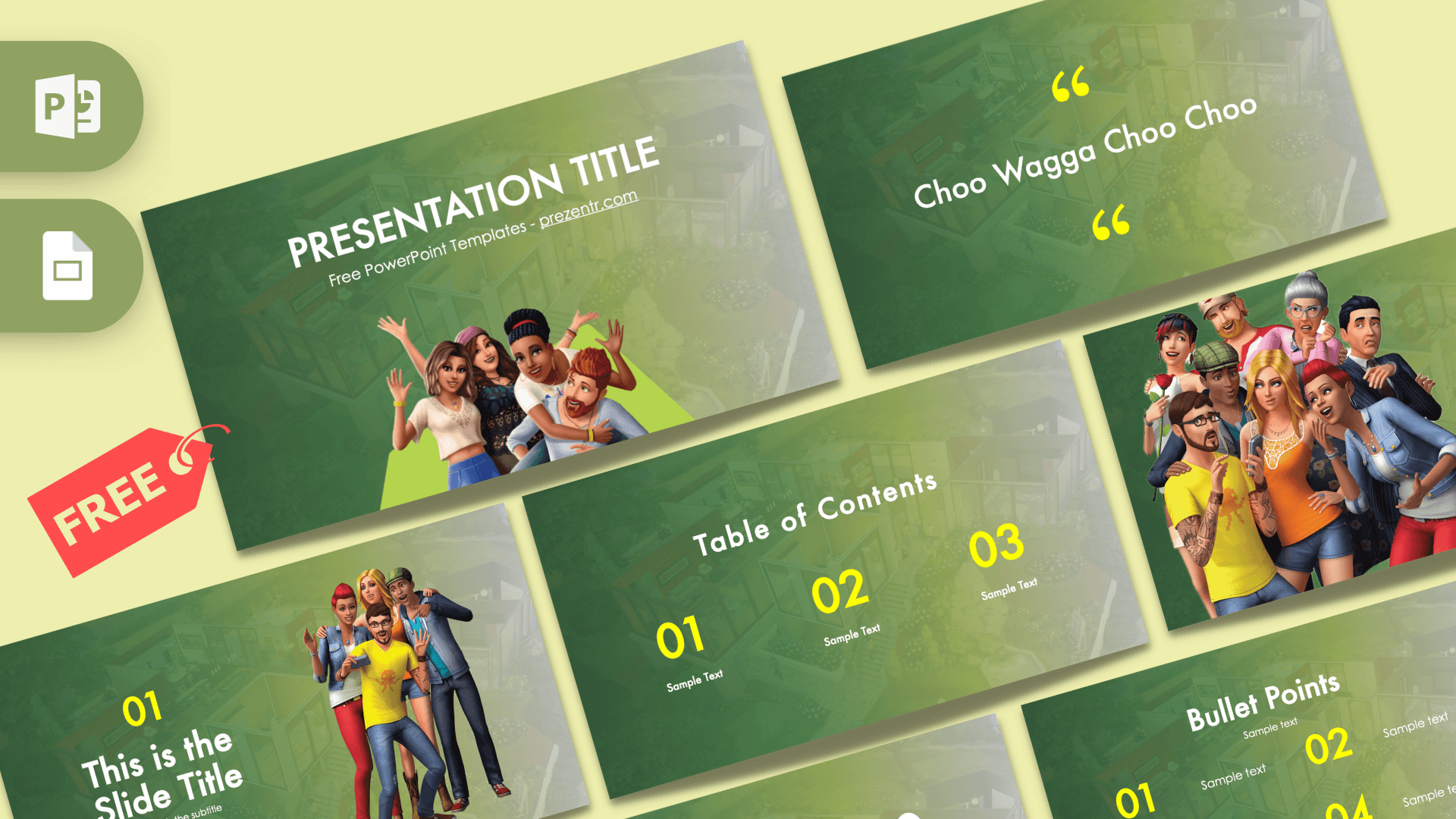 The Sims PowerPoint Template cover slide with green background and colorful character illustrations