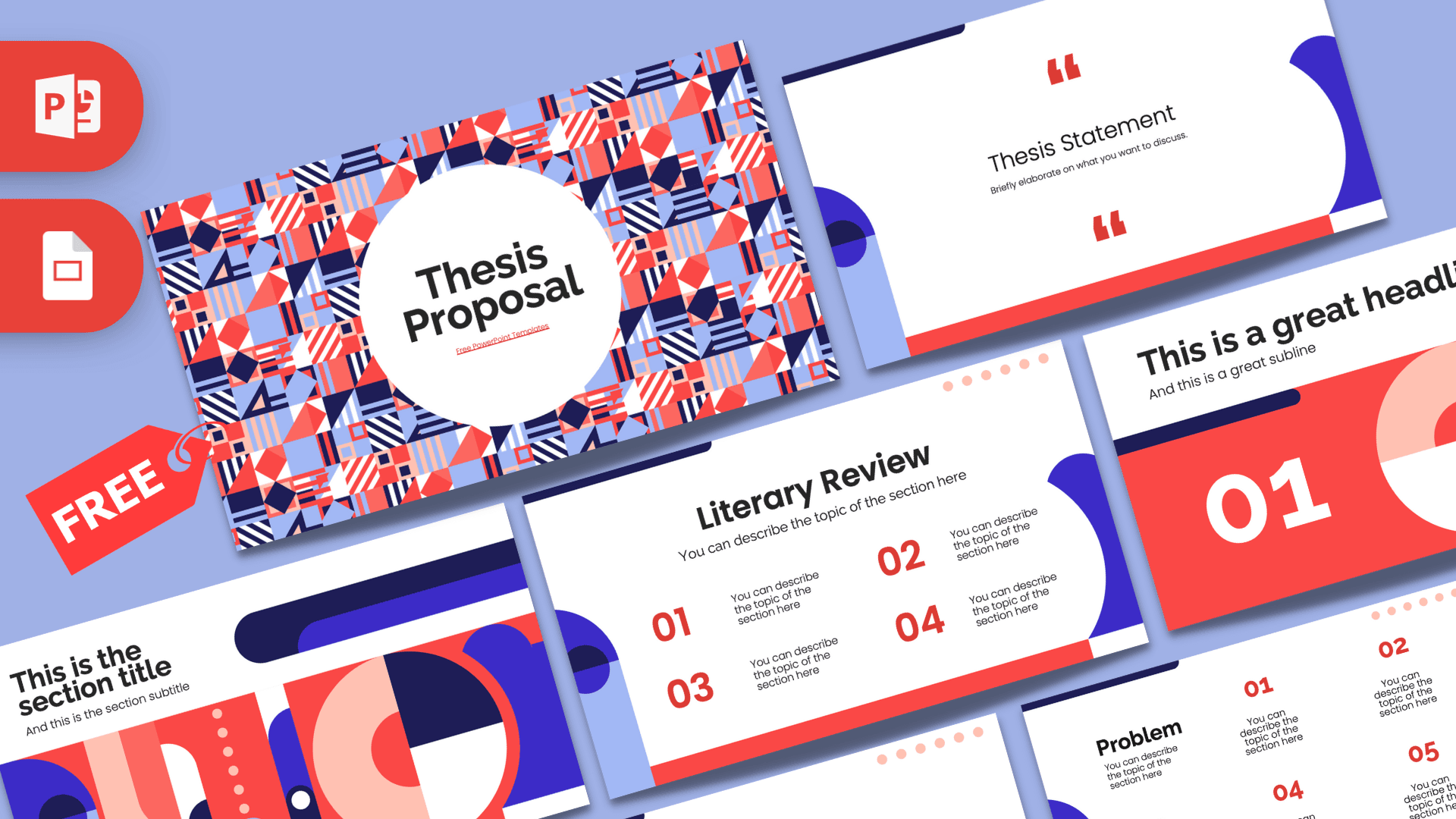 Thesis Proposal PowerPoint template cover slide with red, navy, and blue geometric pattern design