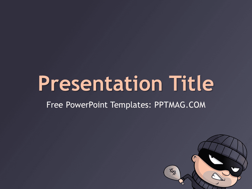 Dark gray background with peach title text, cartoon thief character in corner, Thief PowerPoint Template cover slide