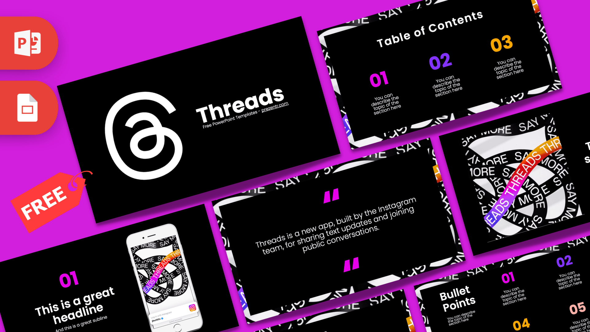 Threads PowerPoint template cover slide with white circular logo, bold magenta and black design