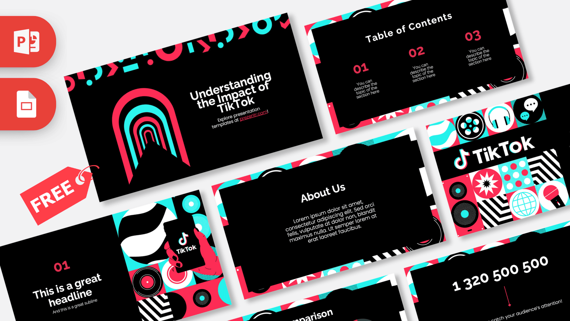TikTok PowerPoint Template cover slide with neon pink and cyan geometric design elements on black background