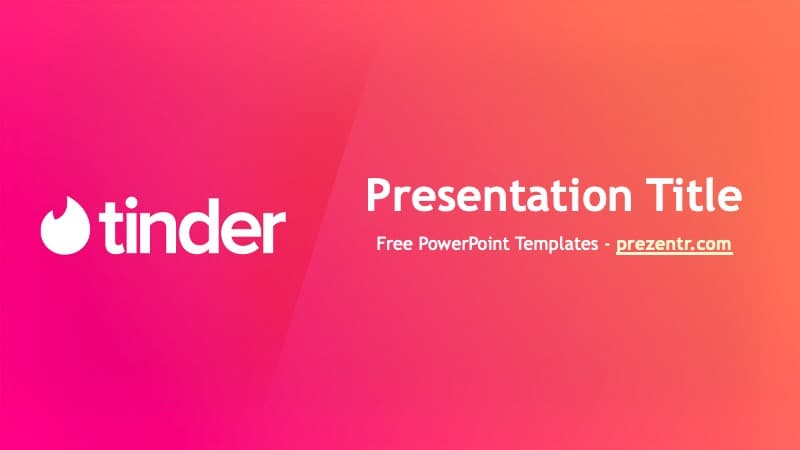 Tinder PowerPoint template cover slide with pink-to-orange gradient background and white logo
