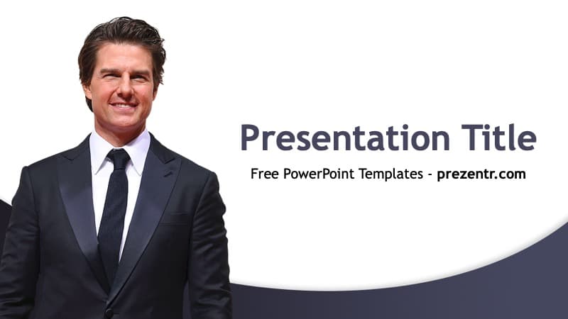 Tom Cruise PowerPoint Template cover slide with professional man in dark suit against navy and white background