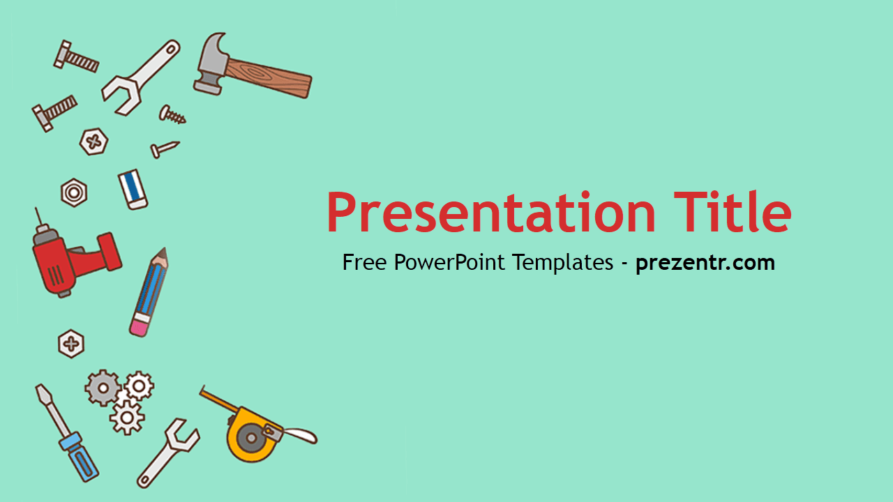 Tools PowerPoint Template cover slide with mint green background and red construction tool icons