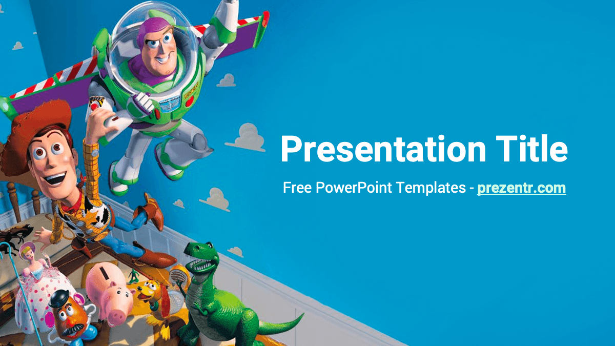 Toy Story PowerPoint Template cover slide featuring Woody, Buzz Lightyear, and other characters on blue background