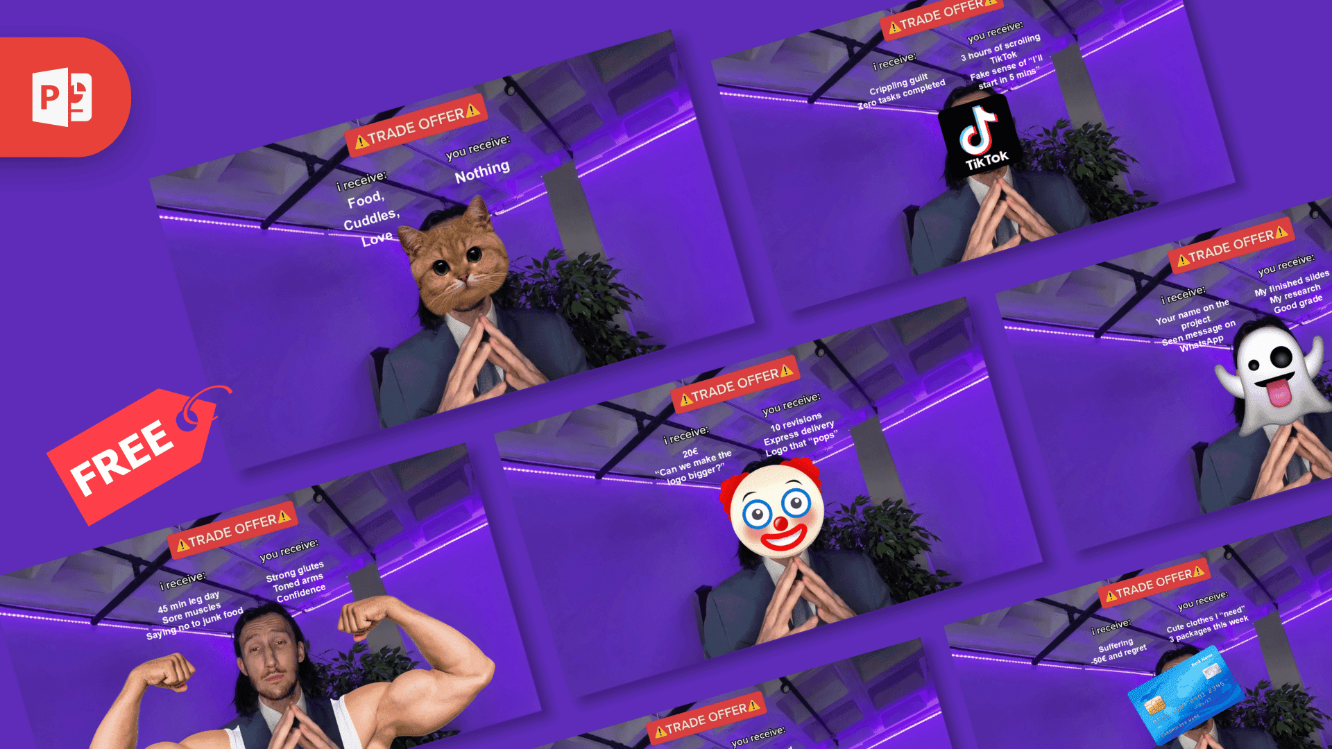 Trade Offer Meme template with purple background, grid layout, and character head replacements
