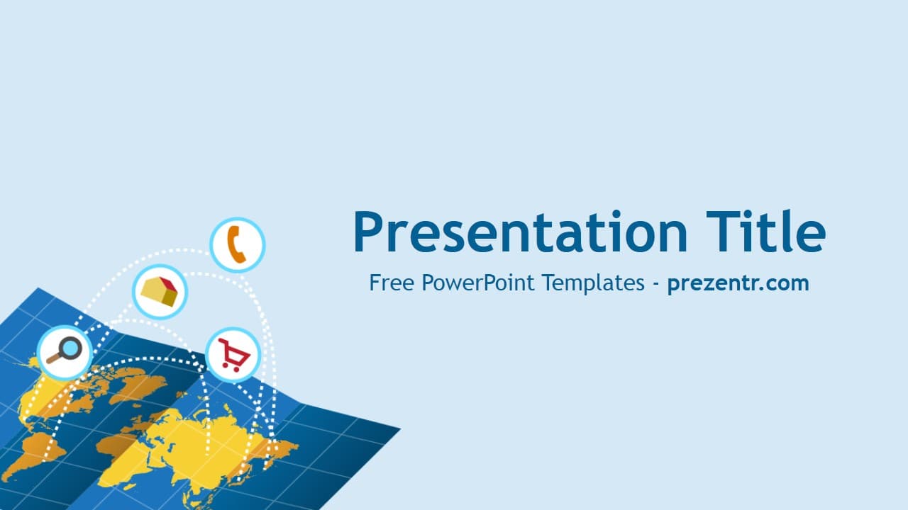 Trade PowerPoint Template cover slide with blue and gold world map, commerce icons, and light blue background