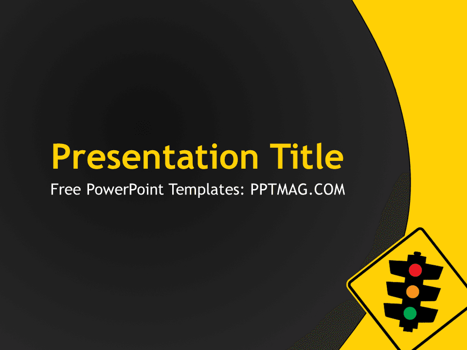 Traffic light icon on yellow and dark background with "Presentation Title" text for Traffic Lights PowerPoint Template