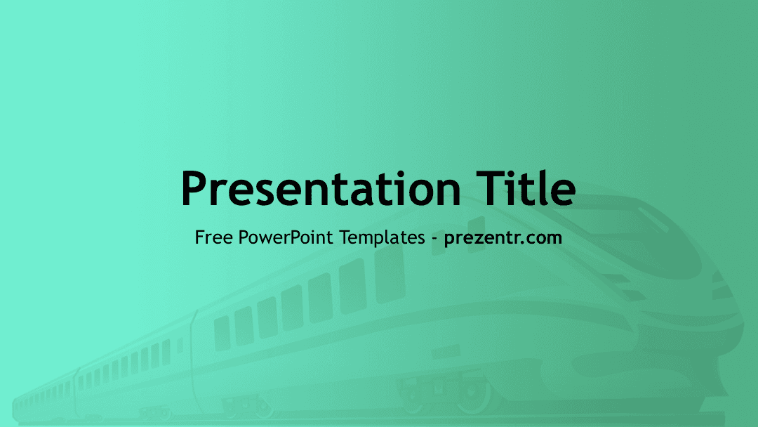 Train PowerPoint Template title slide with mint green background and a faded high speed train