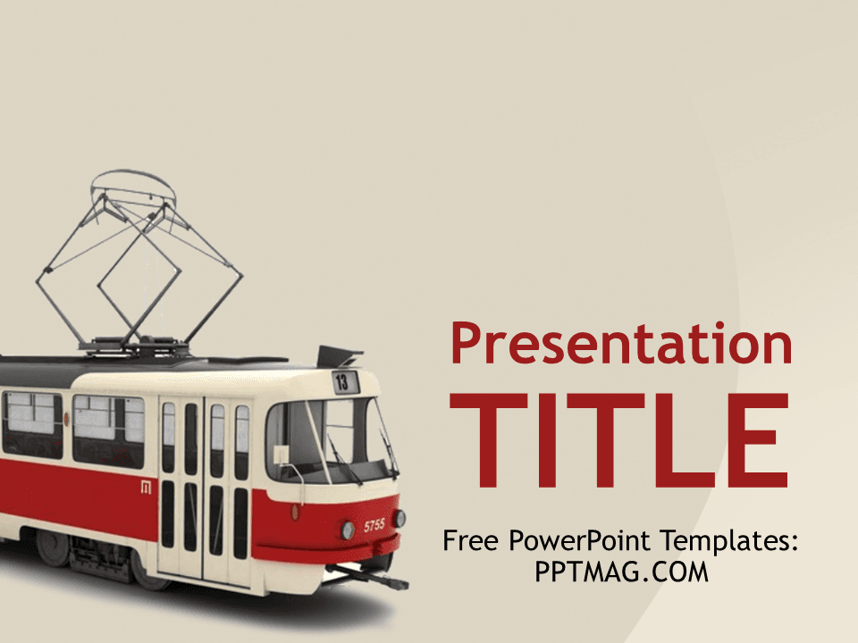 Tram PowerPoint Template cover slide featuring red and white vintage tram with overhead lines on beige background