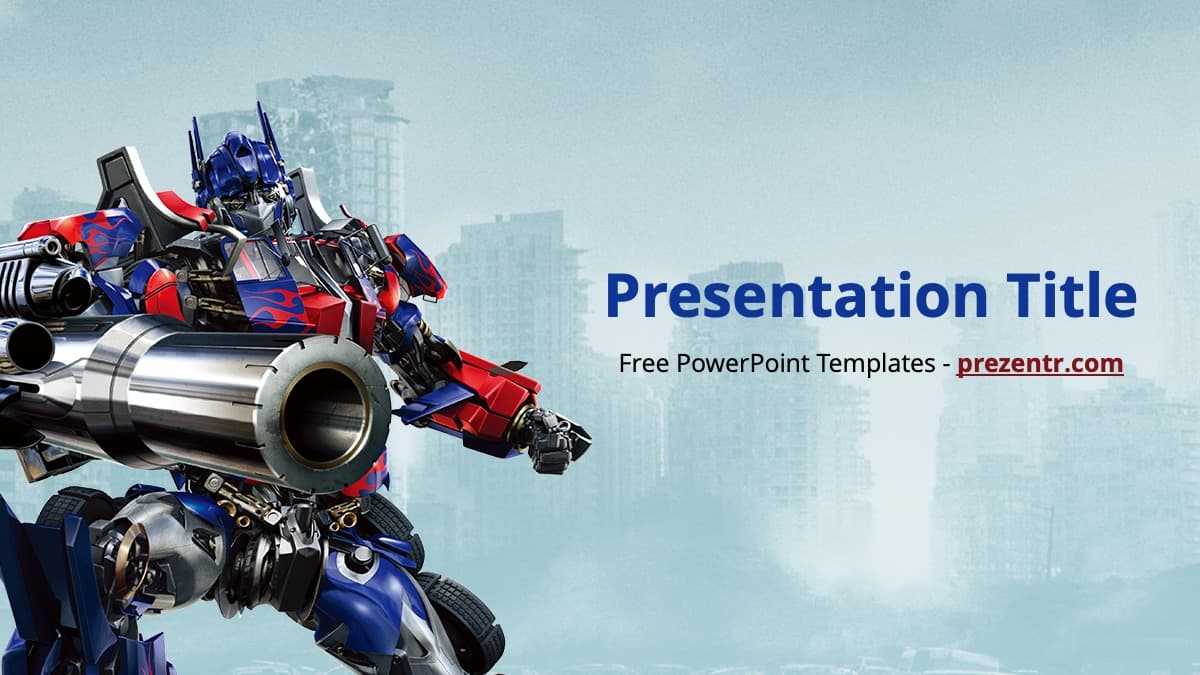 Transformers PowerPoint template cover slide featuring red and blue robot character against cityscape background
