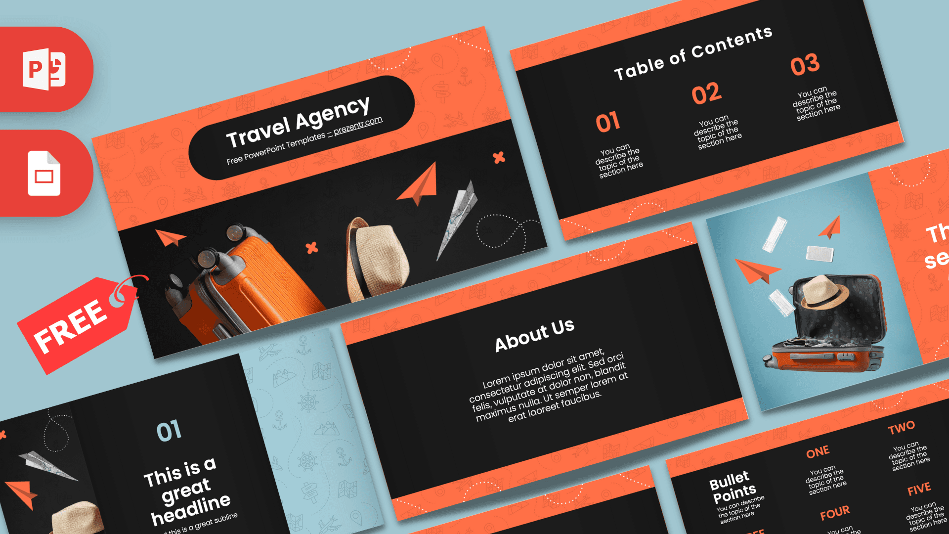Travel Agency PowerPoint template cover slide with orange and black design, featuring luggage and travel icons