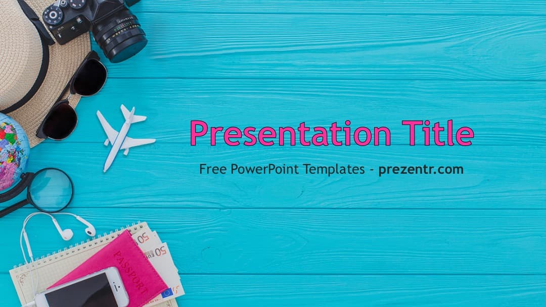 Travel PowerPoint Template cover slide with turquoise wood background and travel planning items