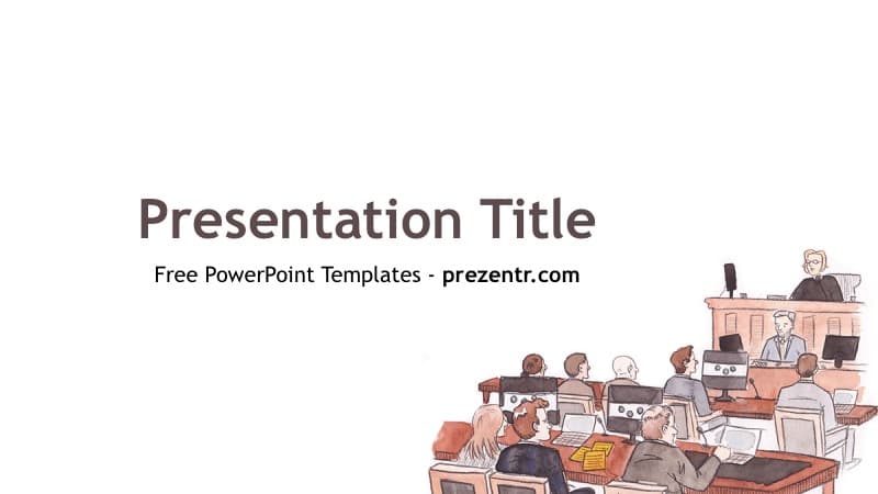 Trial PowerPoint Template cover slide with courtroom illustration, "Presentation Title" text, and warm beige tones