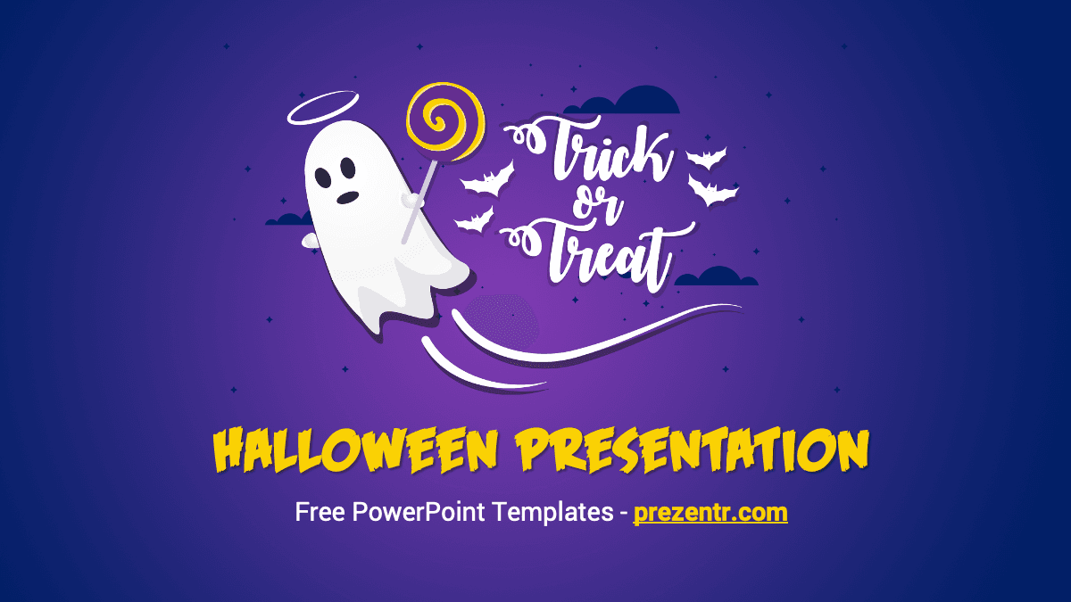 Trick-or-Treat Halloween PowerPoint template cover slide with white ghost, purple gradient background, and bats