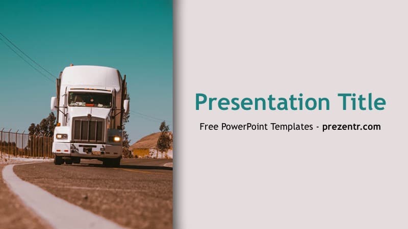 White semi-truck on desert highway beside teal and gray split-layout Truck PowerPoint Template cover slide