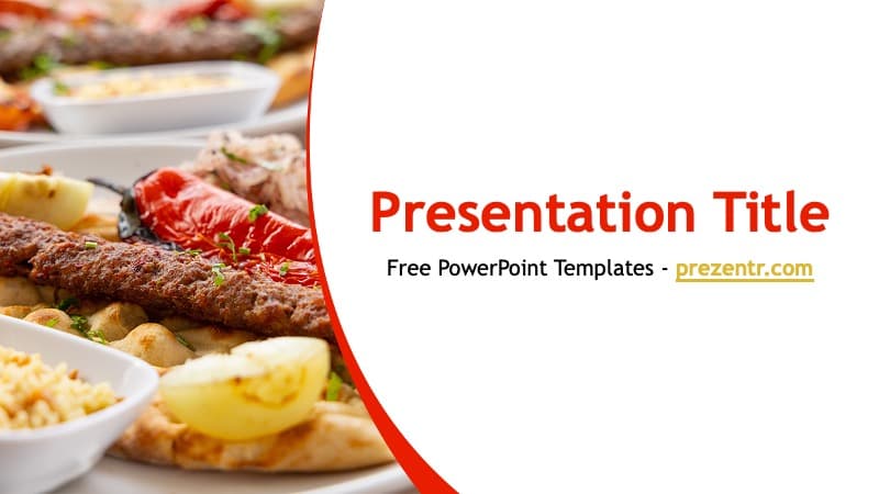 Turkish Food PowerPoint Template cover slide with grilled meat, red curved design, and appetizing dishes