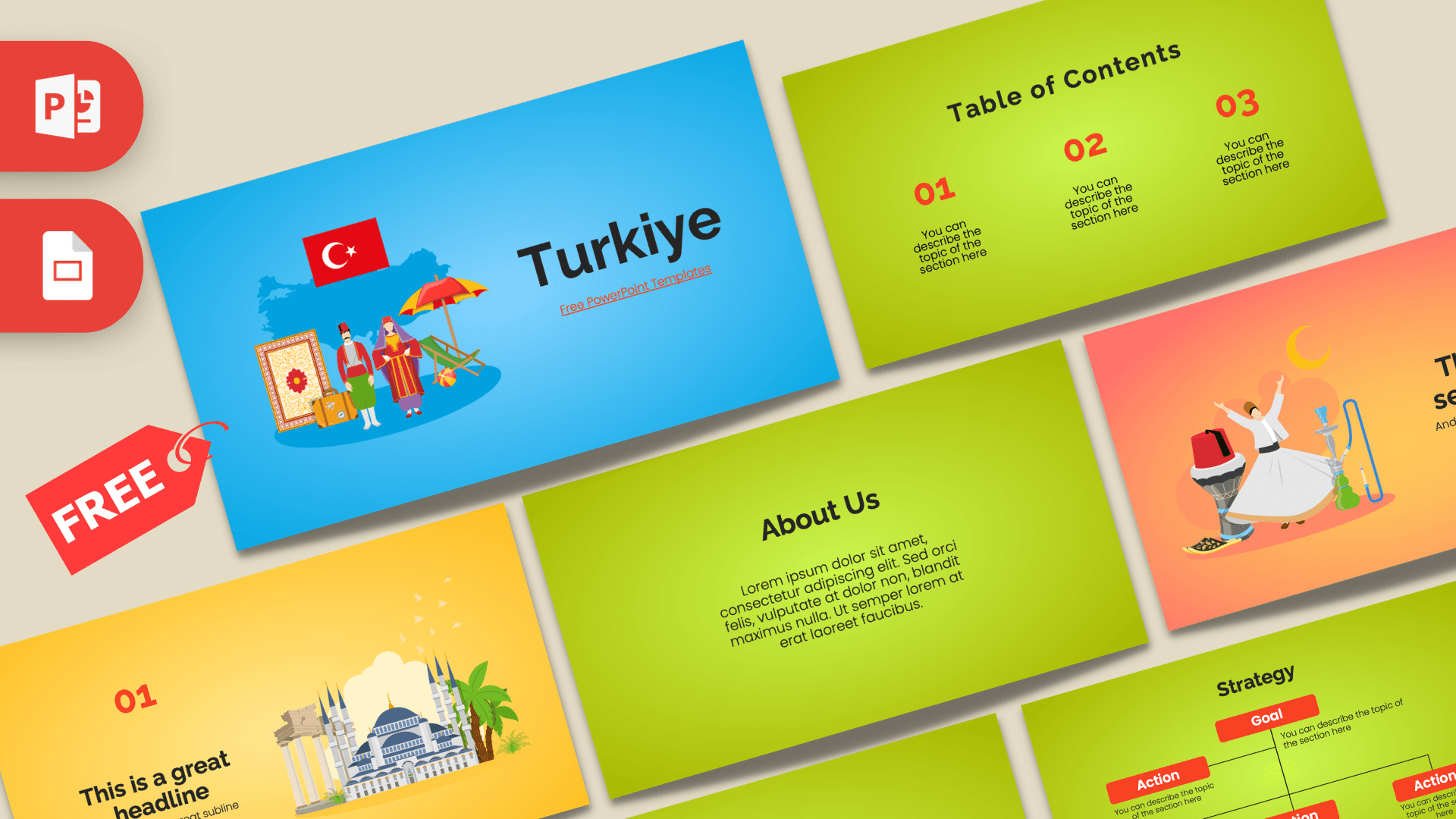 Turkiye PowerPoint Template cover slide with blue background, Turkish flag, and colorful illustrated figures