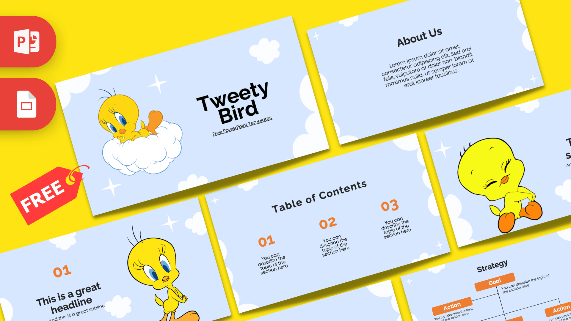 Tweety Bird PowerPoint template cover with yellow bird character on blue sky background