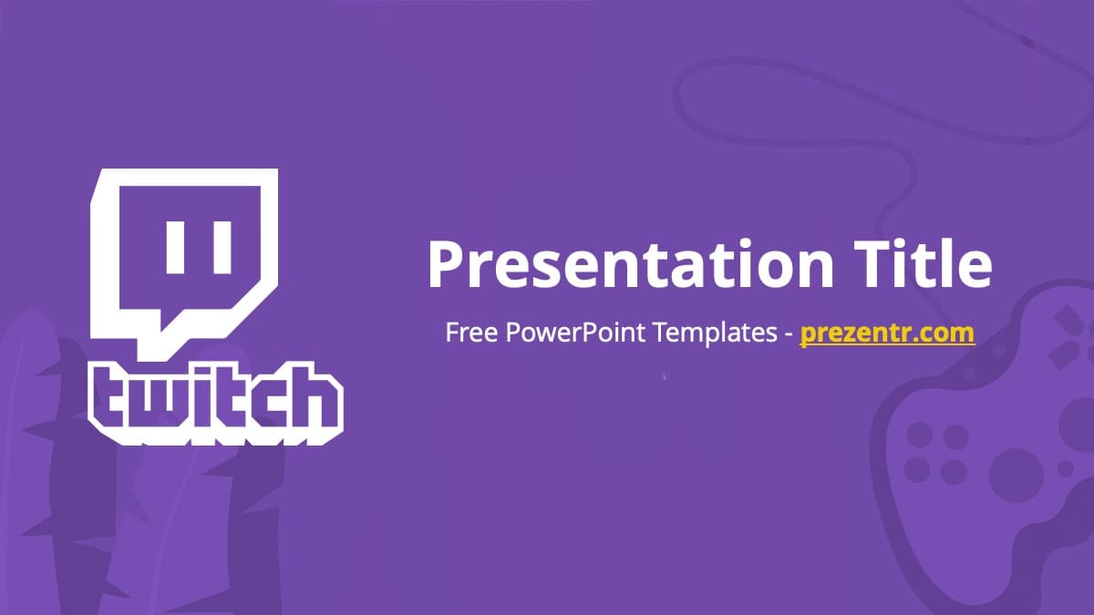 Twitch PowerPoint template cover slide with purple background, white Twitch logo, and presentation title text