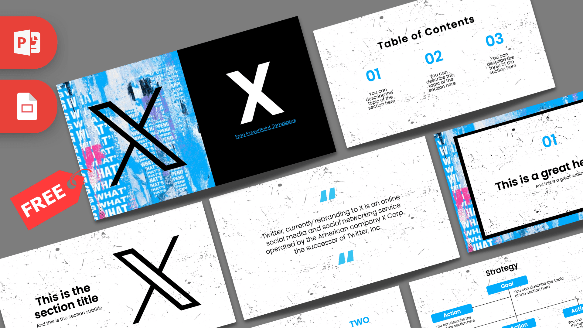 X PowerPoint Template cover slide with black background, large white X logo, and blue digital texture design