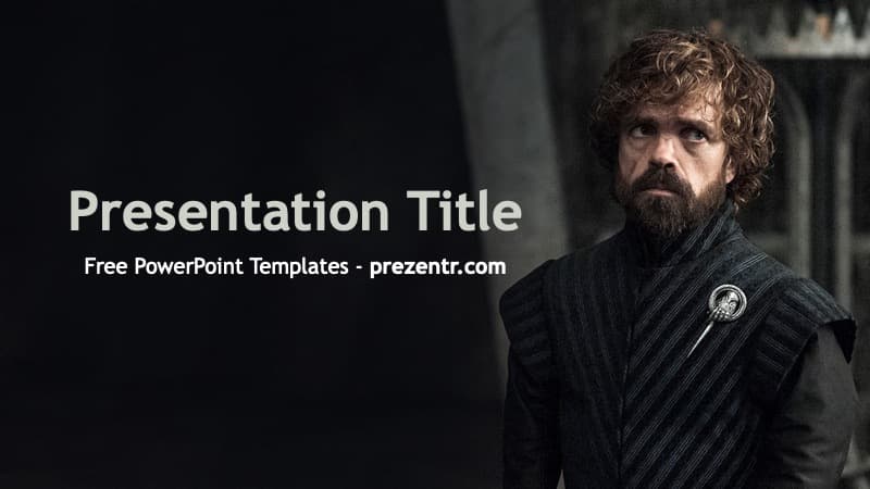 Tyrion Lannister PowerPoint Template cover slide with character portrait on dark background and white text layout