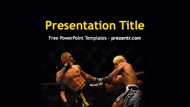 UFC PowerPoint Template cover slide with two fighters in black octagon ring, yellow title text