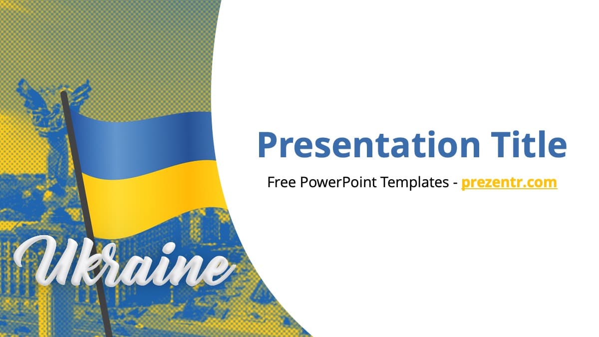 Ukraine PowerPoint template cover slide with blue and yellow flag and trident symbol