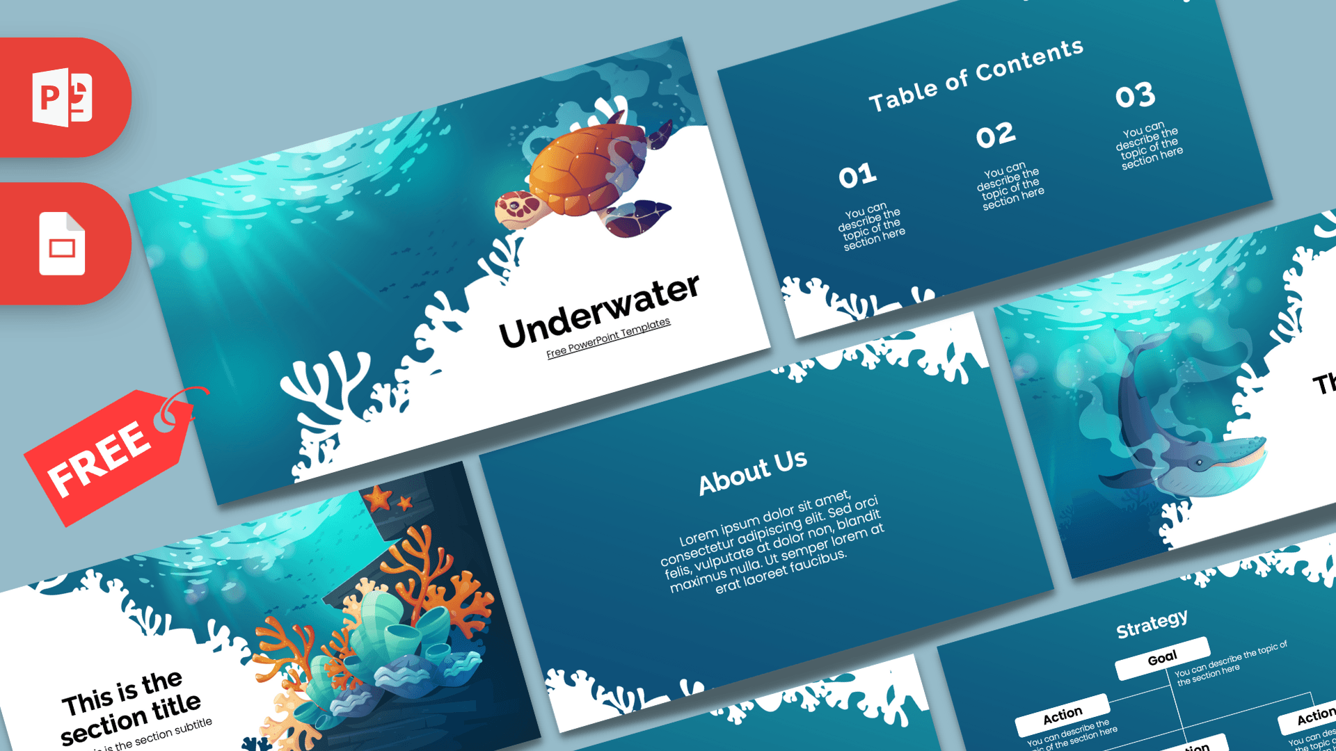 Underwater PowerPoint Template cover slide with teal ocean colors, coral reef illustrations, and sea turtle graphic