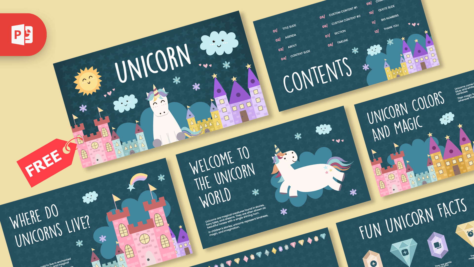 Unicorn PowerPoint Template cover slide with whimsical castle, smiling unicorn, and magical dark teal background