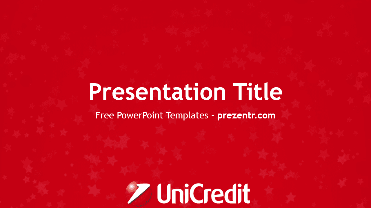 Red cover slide for UniCredit PowerPoint Template with white text, centered layout, and company logo at bottom