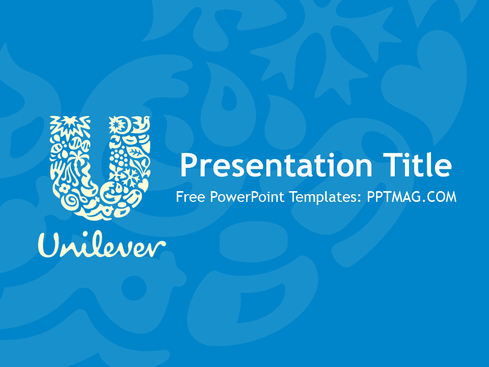 Unilever PowerPoint template cover slide with blue background, white ornamental U logo, and centered title text