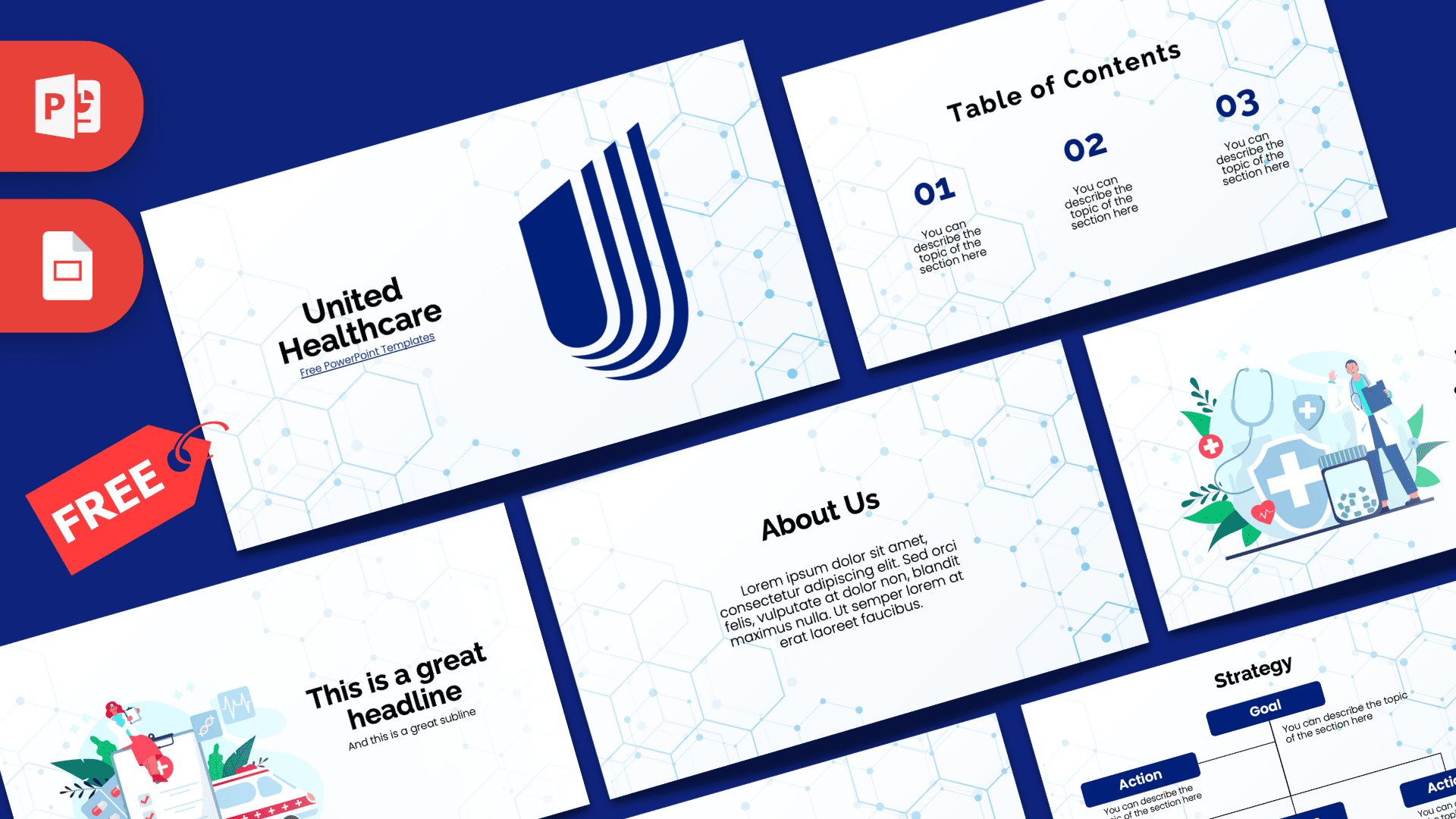 UnitedHealthcare PowerPoint template cover slide with blue striped logo and hexagonal network pattern design