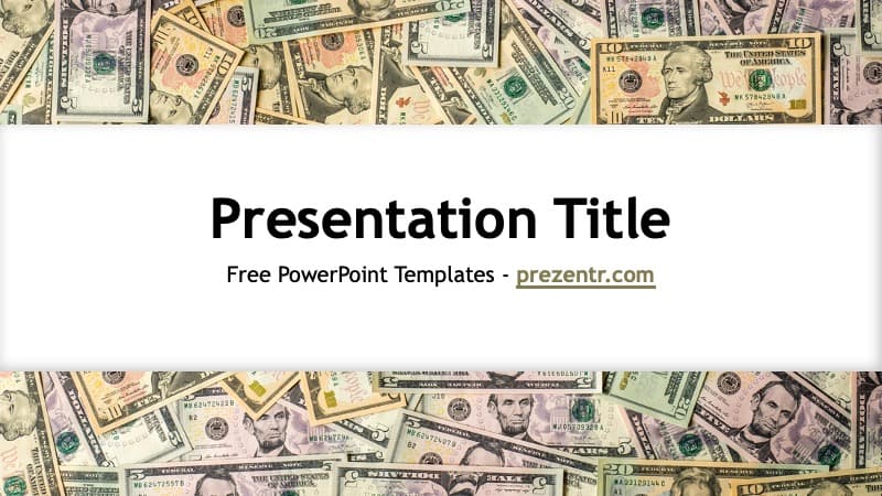 US Dollar PowerPoint Template cover slide with scattered bills and centered text on white background