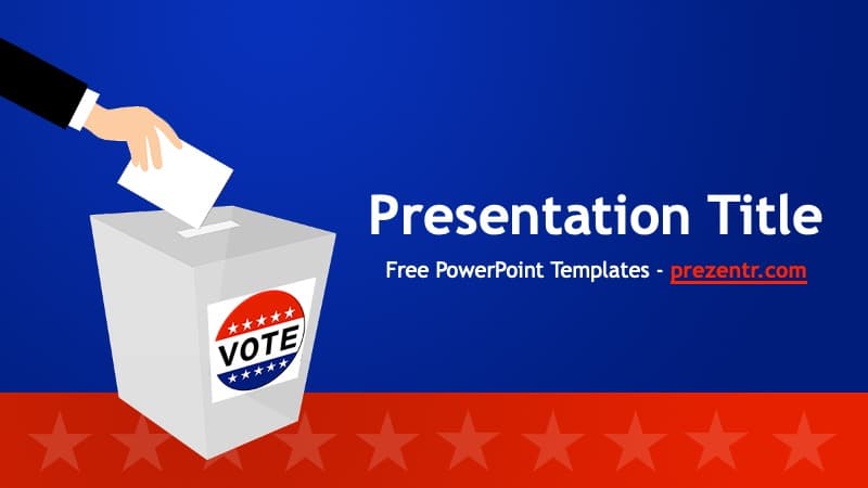 US Election PowerPoint Template cover slide with voting ballot box, blue and red background, and hand inserting vote